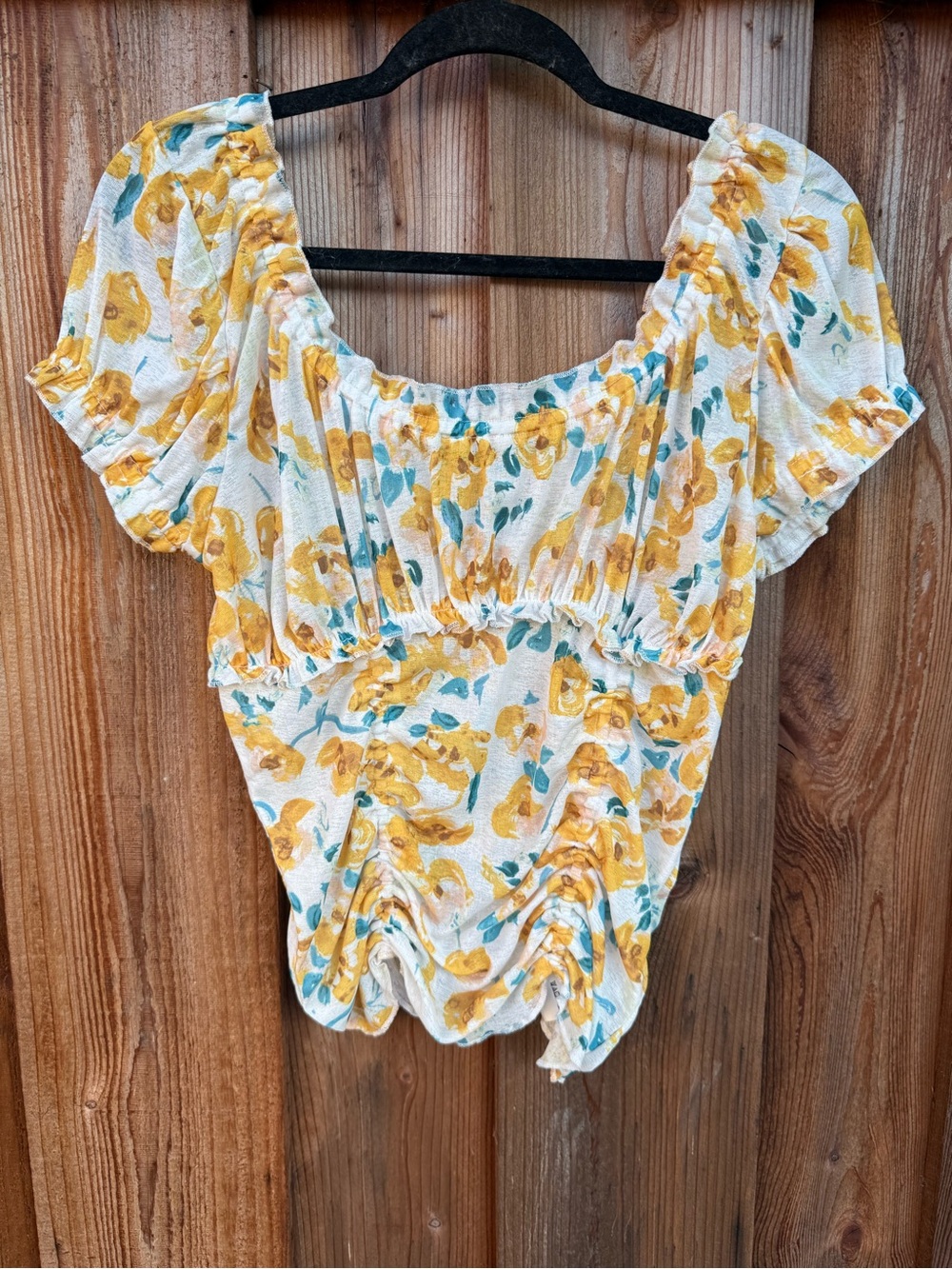 Anthropologie White Crop Top with Yellow Floral Print